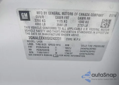 2016 Chevrolet Equinox Lt z USA, uszkodzony, nr VIN 2GNALCEKXG6242231